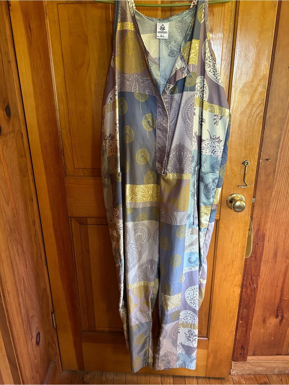 Hand Sewn Sleeveless Wide-Leg Jumpsuit in Multi-Print with Gold Accents